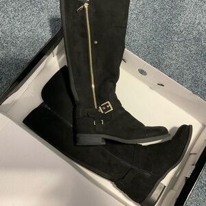 Guess Black Suede Knee-High Boots with Gold Accents